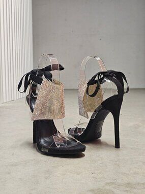 Black High Heel Sandals With Rhinestone Embellished Panels Clear Straps & Ribbon